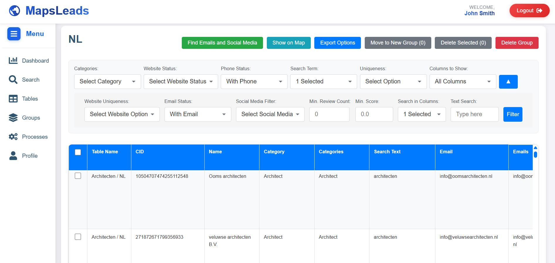 Job search with MapsLeads Results screenshot